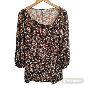 Worthington Brown & Black Print Crossover 3/4 Sleeve Top